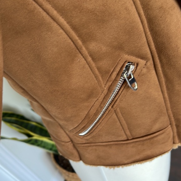 Zara soft Faux Suede Moto Jacket Camel Silver Hardware Fur Collar Size XS - Picture 6 of 12